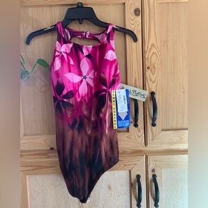 New w/tags Beach Native Pink & Brown Tropical Floral Swimsuit 12 Tummy Control